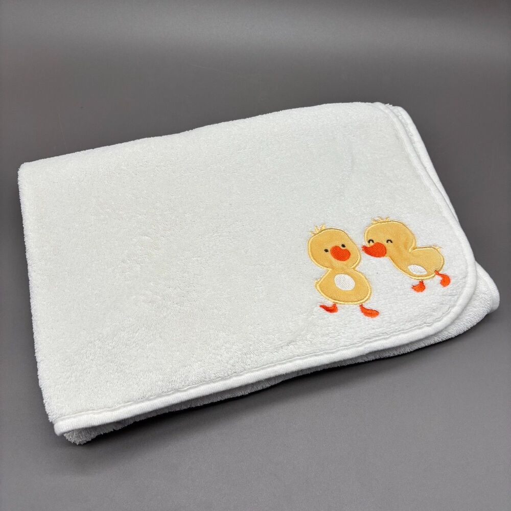 Carters Duckling Embroidered Baby Blanket Fleece Plush White Receiving 30x40